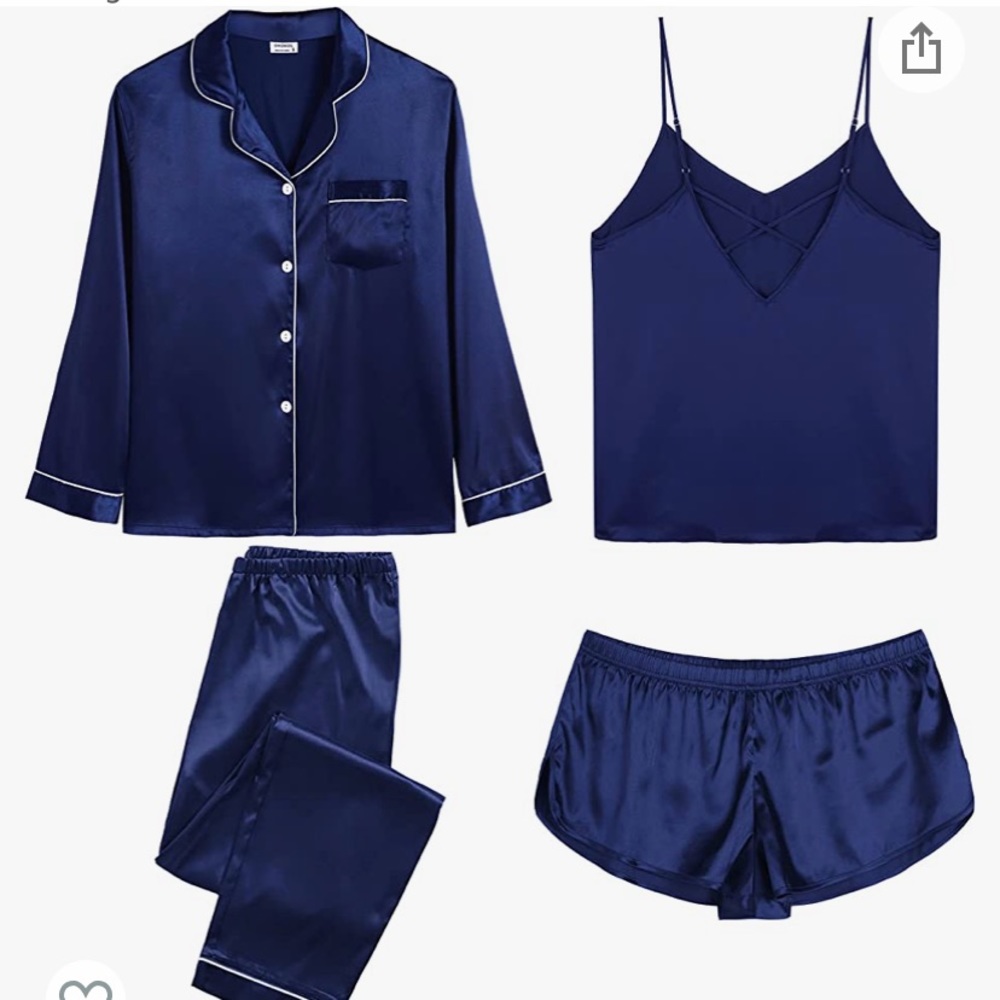 Satin navy 4 piece pajama set Button Down Nightwear Cami Shorts Set Loungewear